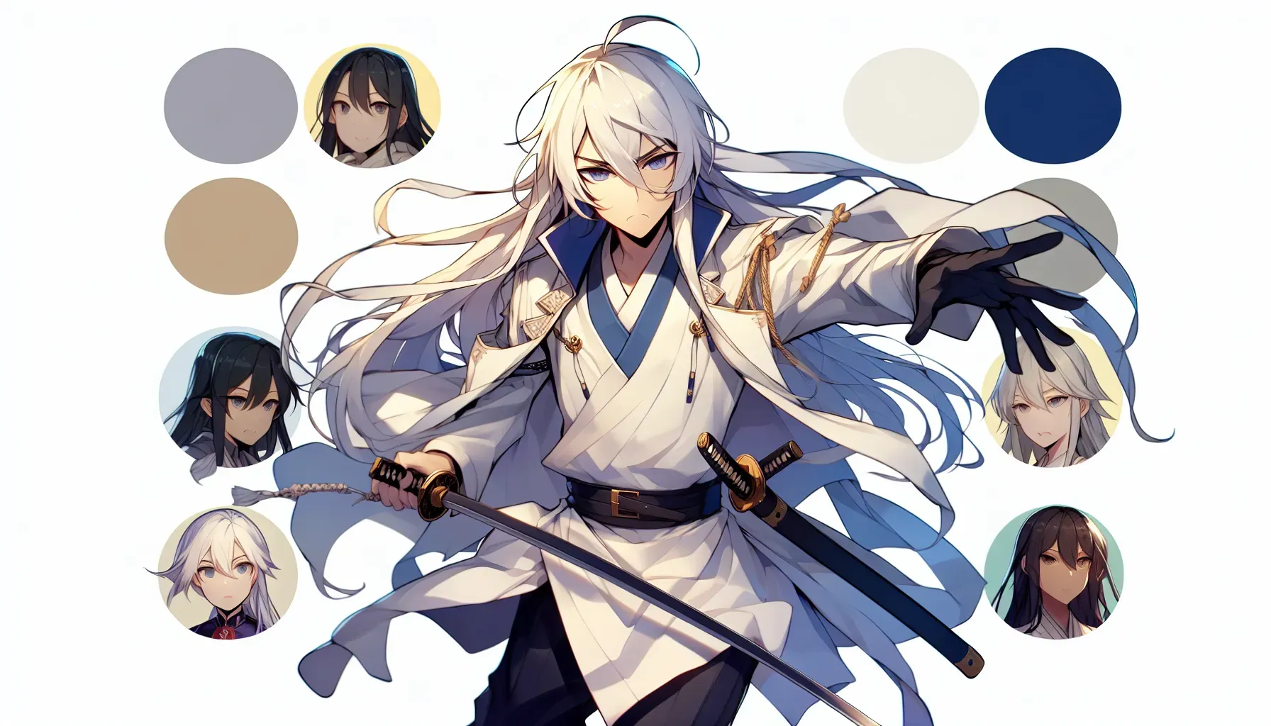 An anime-styled character with long white hair and a determined expression, wielding a sword in a dynamic pose.