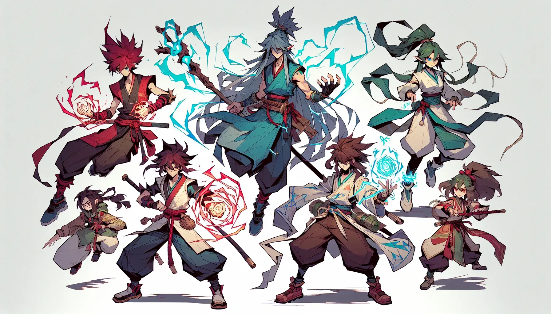 A group of anime-styled characters in various dynamic poses, ready for battle.