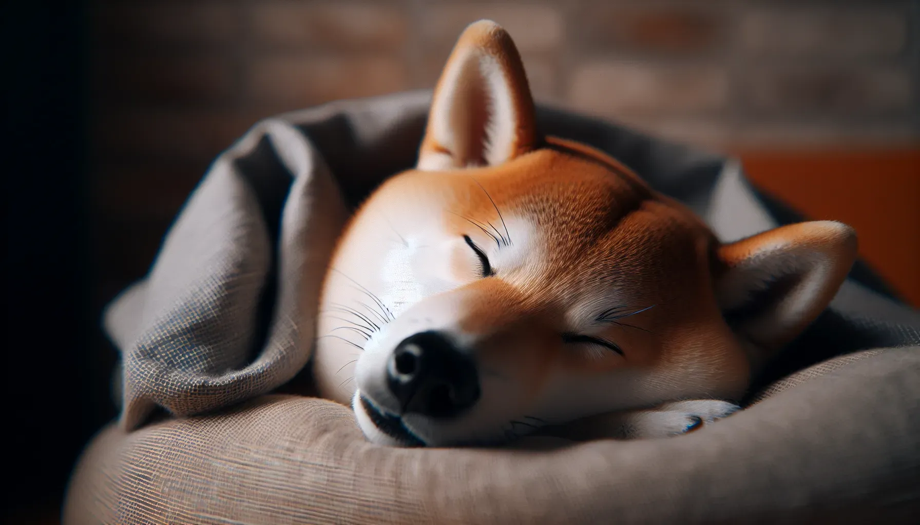 A heartwarming photo of Kabosu, the Shiba Inu, lying peacefully in a cozy bed, symbolizing her gentle and impactful presence.