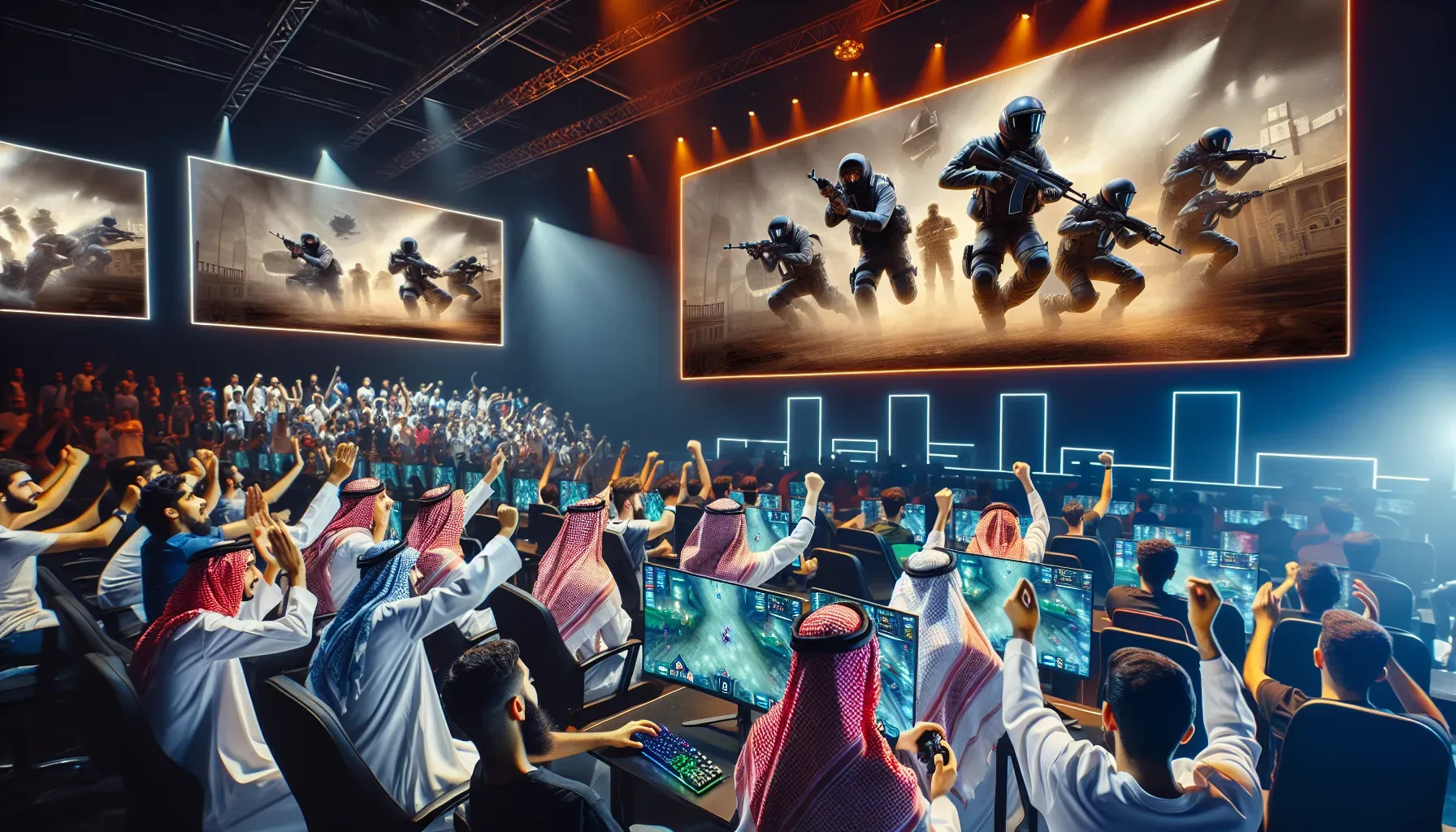 Saudi gamers participating in a high-stakes eSports tournament, with large screens displaying the gameplay and a cheering audience.