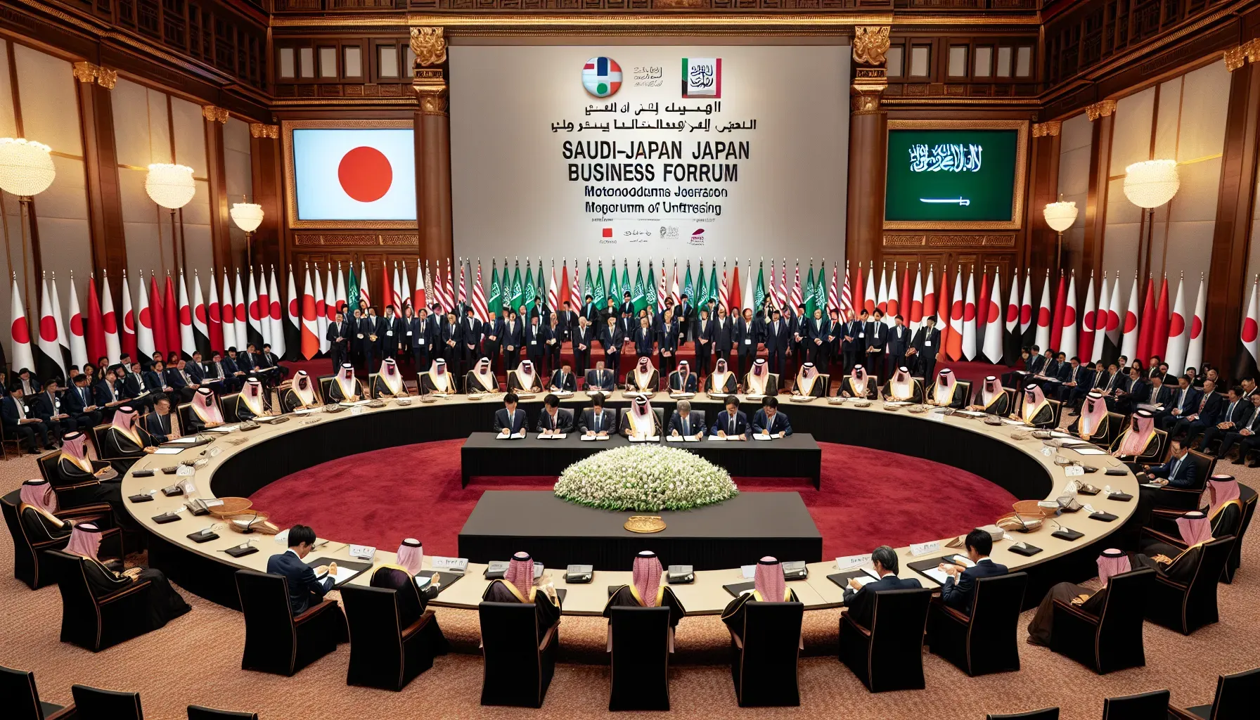 Japanese and Saudi delegates signing MOUs at the Saudi-Japan Vision 2030 Business Forum, with banners and flags of both countries in the background.