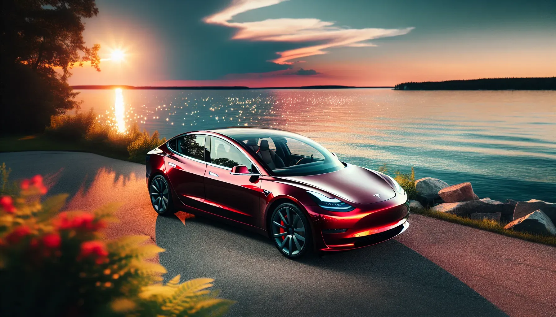 Image of Tesla Model 3 Performance in red and black parked near a scenic water view